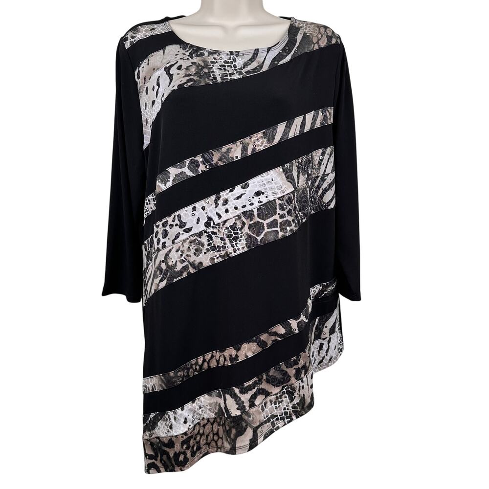 Chico's Travelers Asymmetrical Tunic Top Animal Print Black Sequin Chico 2 US L